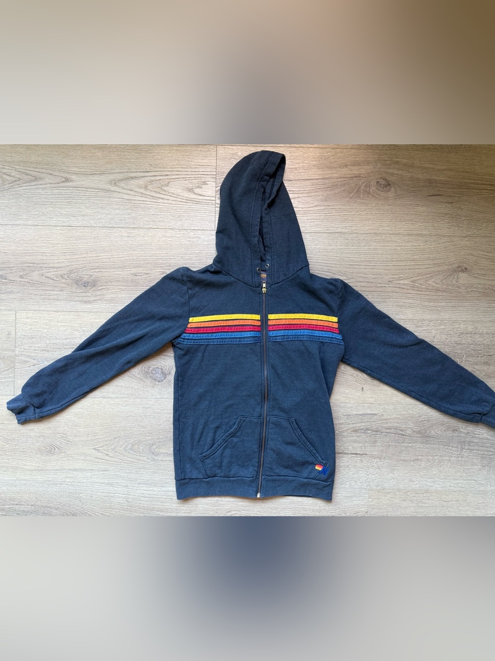 Aviator Nation 5 Stripe Heathered Navy Gray Rainbow Full Zip Hoodie - Picture 5 of 5